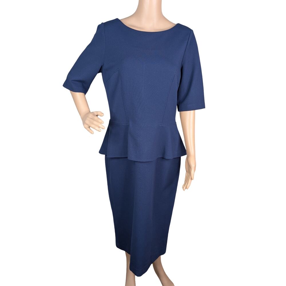 Lafayette 148 New York Navy Blue Ponte Knit Peplum Dress 10 | Hourglass Career